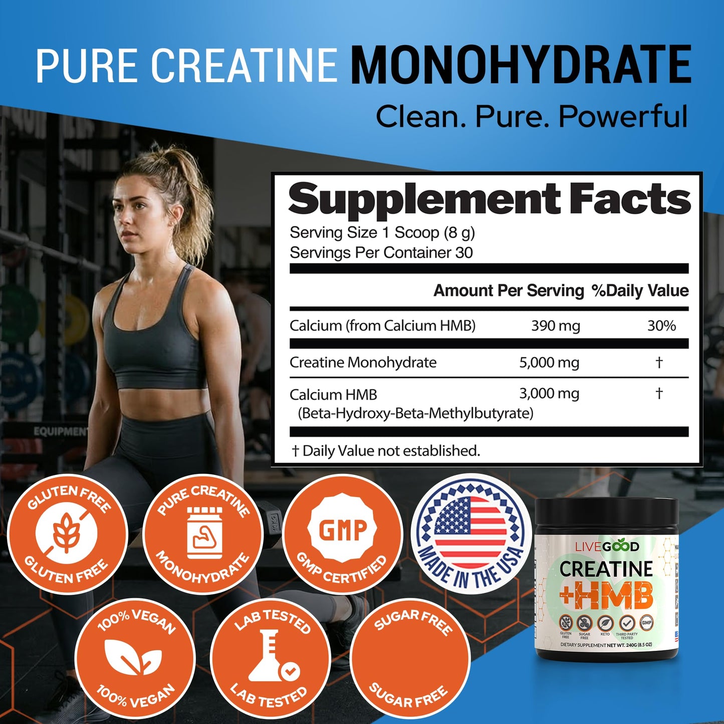LIVEGOOD Creatine Monohydrate with HMB for Lean Muscle Growth & Recovery – HMB Creatine Powder for Men and Women – Unflavored Creatine, 30 Servings