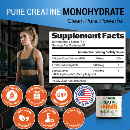 LIVEGOOD Creatine Monohydrate with HMB for Lean Muscle Growth & Recovery – HMB Creatine Powder for Men and Women – Unflavored Creatine, 30 Servings
