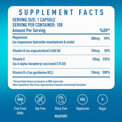 Magnesium Supplement Complex MGSPORT - High Absorption Supplement with Vitamins B6, D, E - Relieves Leg Cramps & Muscle Support - 100 Servings