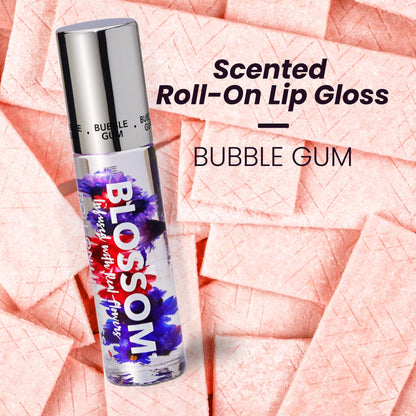 Blossom Roll on Lip Gloss, Scented Clear High Shine Moisturizing Lip Oil, Non Sticky, Infused with Real Flowers, Made in USA, 0.2oz, Bubble Gum