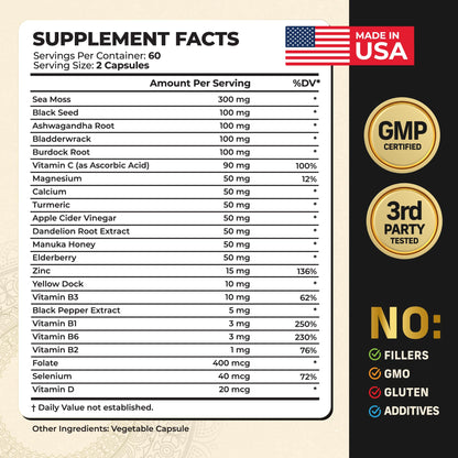 Alpha Tribe Multivitamin for Men with Sea Moss, Black Seed Oil, Ashwagandha, Turmeric Bladderwrack, Burdock,Vitamin C, Elderberry, Manuka, Yellow Dock | Daily Men's Vitamins and Minerals Supplement
