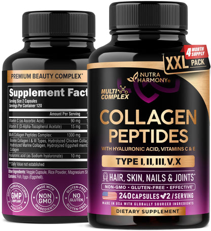 Multi Collagen Peptides - Hydrolyzed Types I, II, III, V & X - Collagen Supplement for Women 1300mg - w/ Hyaluronic Acid, Vitamins C & E - Skin, Hair, Nails & Joint Support - Made in USA, 240 Capsules