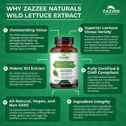 Zazzee Extra Strength Wild Lettuce 10:1 Extract, 1500 mg Strength, 120 Vegan Capsules, Potent Lactuca Virosa Variety, Concentrated 10X Extract, 100% Vegetarian, All-Natural, Non-GMO, Made in The USA