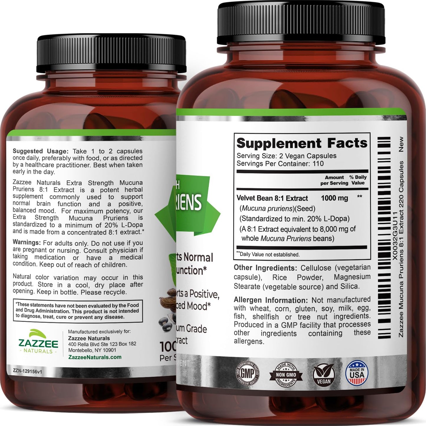 Zazzee Extra Strength Mucuna Pruriens 8:1 Extract, Minimum 20% L-Dopa, 1000 mg, 220 Vegan Capsules, 110 Day Supply, Concentrated and Standardized 8X Extract, 100% Vegetarian, All-Natural and Non-GMO