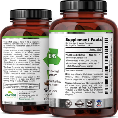 Zazzee Extra Strength Mucuna Pruriens 8:1 Extract, Minimum 20% L-Dopa, 1000 mg, 220 Vegan Capsules, 110 Day Supply, Concentrated and Standardized 8X Extract, 100% Vegetarian, All-Natural and Non-GMO