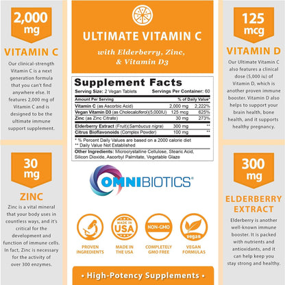 OmniBiotics Ultimate Vitamin C Supplement 2000mg – with Zinc, Elderberry Extract, and D3 – High Potency Immune Support & Collagen Booster – 120 Vegan Tablets