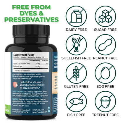 ForestLeaf Hyaluronic Acid Supplements | 100mg High Bioavailable Dietary Hyaluronic Acid Powder Capsules + 50mg VIT C | Supports Skin Hydration, Joint Lubrication, Anti-Aging, Hair & Nails | 120 Caps