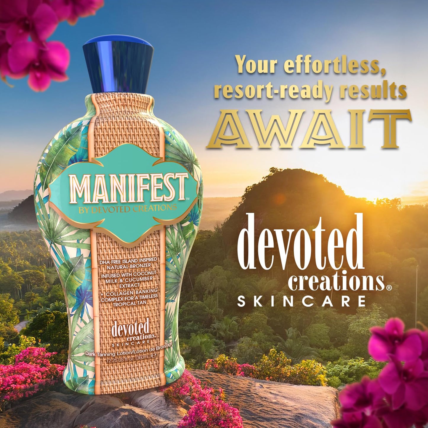 Devoted Creations Manifest - DHA Free Island Inspired Natural Bronzer Soothing Cucumber Skin Softening Cocount Dark Tanning Lotion