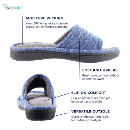 isotoner Women's Space Dyed Andrea Slide Slipper with Moisture Wicking for Indoor/Outdoor Comfort and Arch Support, Sapphire, 8.5-9