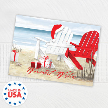 Masterpiece Beach Chairs Cards / 16 Warmest Wishes Coastal Holiday Card Set With Red Foil And White Envelopes / 5 5/8" x 7 7/8" Tropical Vacation Greeting Cards With Meaningful Inside Verse
