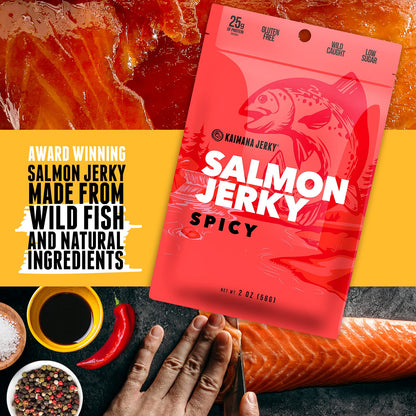 Kaimana Jerky Wild Caught Salmon Jerky - Organic Gourmet Dried Fish Strips Rich in Omega-3 & Protein - Low-Calorie Sweet Seafood Snack with No Gluten, Less Sodium & Sugar - Spicy Flavor - 2oz Pack
