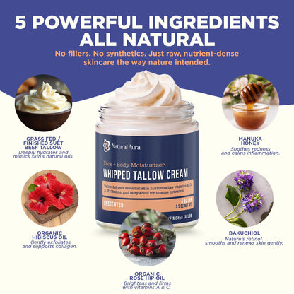 Whipped Beef Tallow for Skin - Face + Body Moisturizer, 100% Grass Fed Grass Finished Tallow and Honey Balm for Sensitive Skin - Natural Lotion - Free of Harsh Chemicals - 4oz, (Unscented)