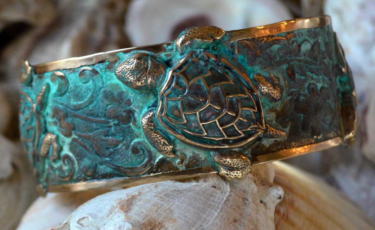 Verdigris Patina Solid Brass Classic Sea Turtle Cuff Bracelet by Elaine Coyne Made In USA