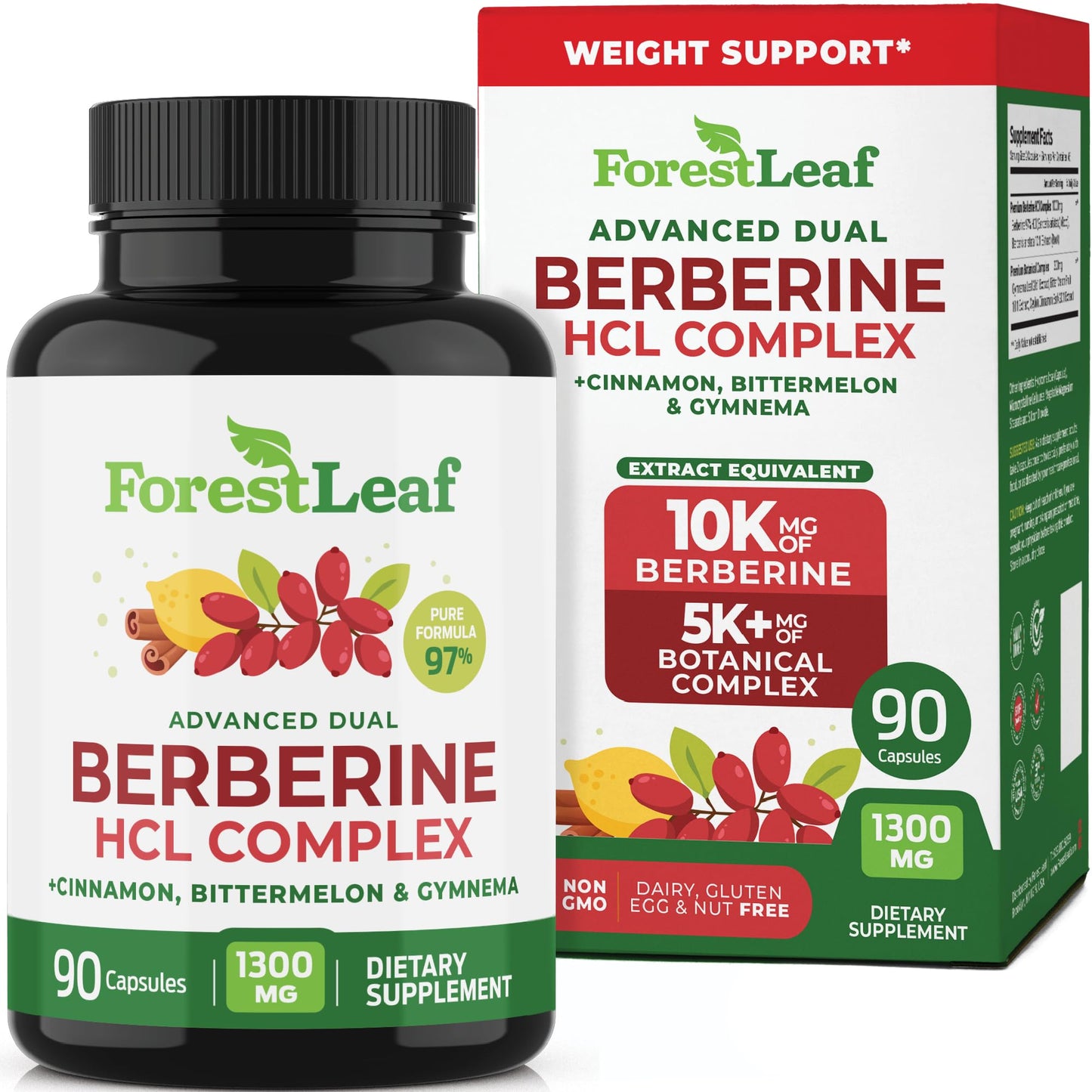 ForestLeaf Berberine Supplement - 1300mg per Serving - Ultra High Potency Berberine HCl with Ceylon Cinnamon, Bitter Melon & Gymnema - Weight Management Support - 90 Caps