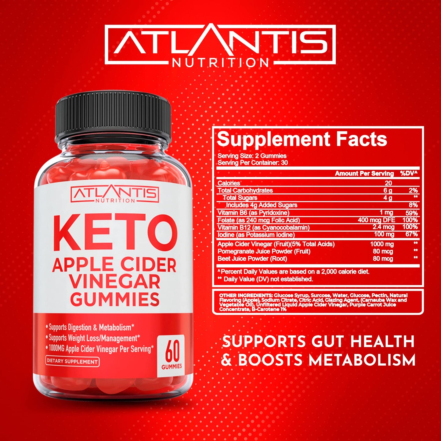 Atlantis Nutrition Keto ACV Gummies for Weight Loss - Apple Cider Vinegar Gummies Formulated to Support Advanced Weight Loss, Digestion, Detox & Cleansing, Made with 1000MG ACV Per Serving - 60 Count