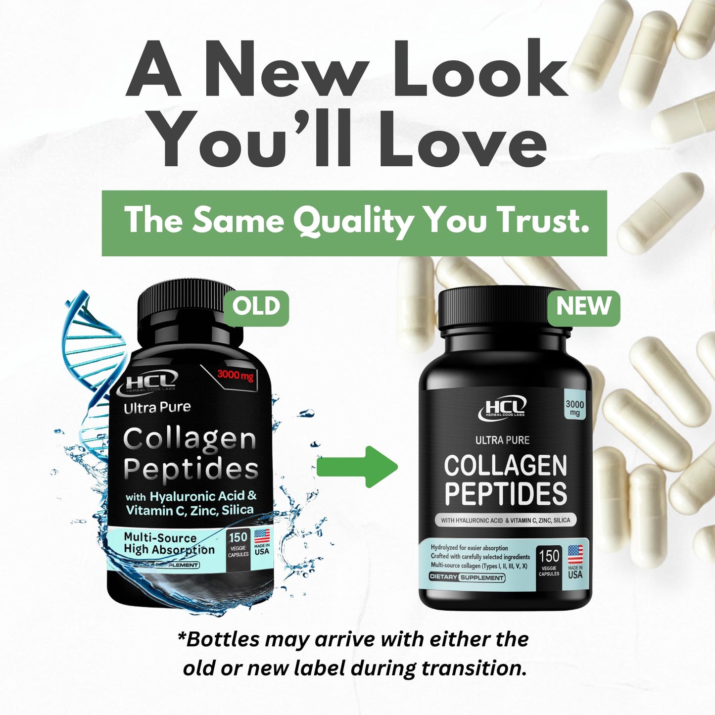 Collagen Peptides Powder with Vitamin C & Hyaluronic Acid - Organic Cleanest Sources & Super High Absorption - Hydrolyzed Multi Type I, II, III, V, X - Skin Hair Supplement (capsules)