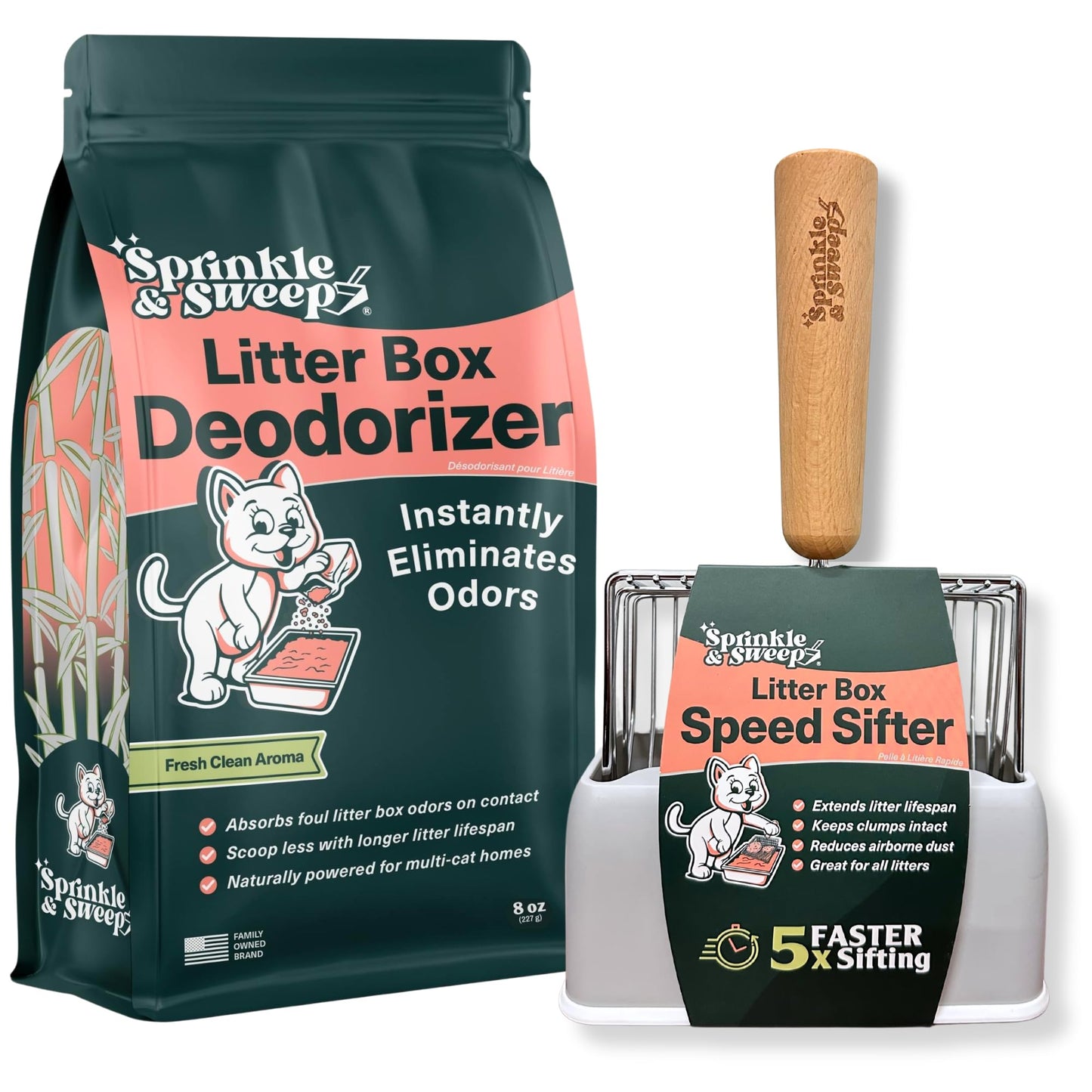 Sprinkle & Sweep Litter Box Deodorizer - Cat Litter Deodorizer Non Toxic and Safe for Kittens - Instantly Eliminates Foul Smells and Urine Odors (1 Bag + Speed Sifter)