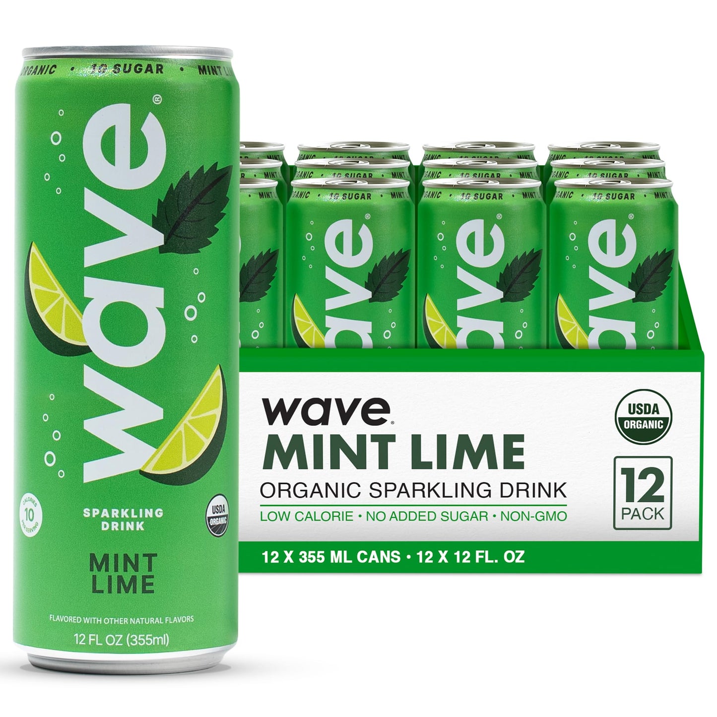 WAVE Organic Sparkling Drink | Low Calorie Drink, Mint Lime Lightly Carbonated | Great Natural Soda Alternative | USA Made Kosher No Added Sugar, Color, & Artificial Ingredients |12 Pack