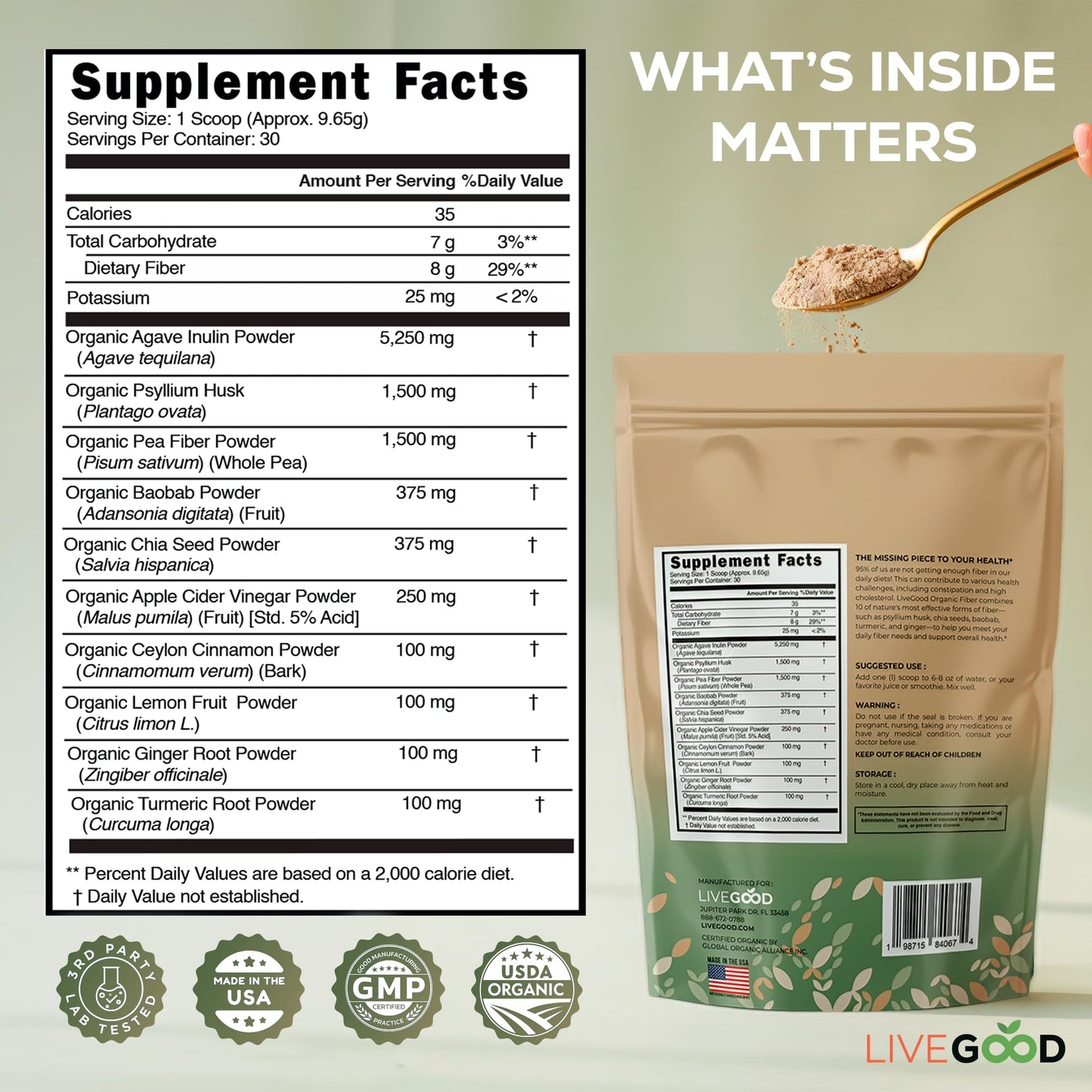 LIVEGOOD Organic Fiber Powder with Agave Inulin, Psyllium Husk, Pea Fiber, 10 Plant-Based Sources for Digestion Detox, Gut Support and Daily Wellness, Organic Fiber Supplement (30 Servings)