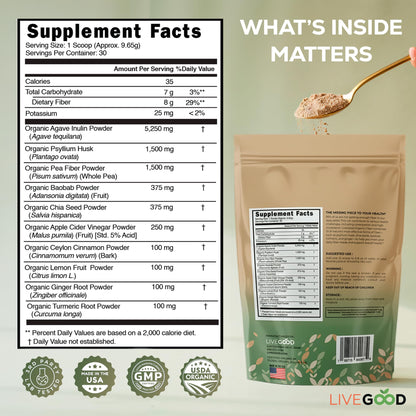 LIVEGOOD Organic Fiber Powder with Agave Inulin, Psyllium Husk, Pea Fiber, 10 Plant-Based Sources for Digestion Detox, Gut Support and Daily Wellness, Organic Fiber Supplement (30 Servings)