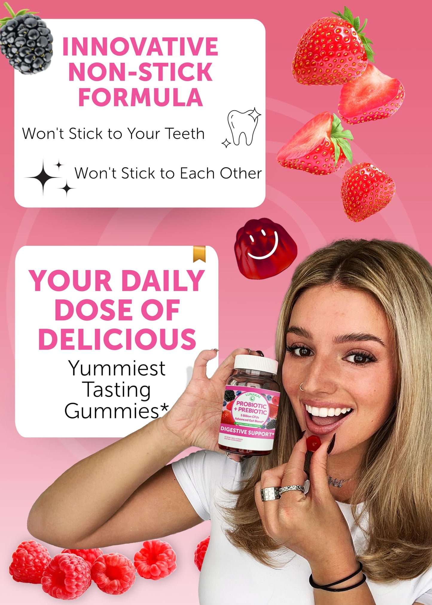 Lunakai USA Made Prebiotic + Probiotic Gummies for Women and Men - High Potency 5 Billion CFUs with Fibers - Non-GMO Gut Health Support 60ct