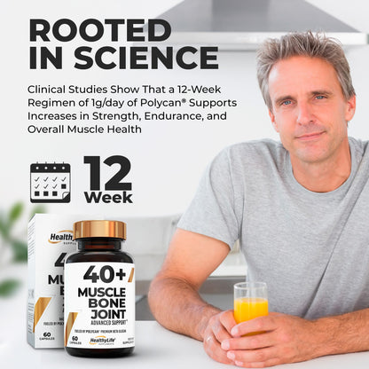 40+ MUSCLE BONE JOINT ADVANCED SUPPORT Prevents Muscle Loss and Supports Bone, Joint, and Immune Health via Gut Health-Powered by Polycan Postbiotics Fermented Beta-Glucan (60 Capsules)
