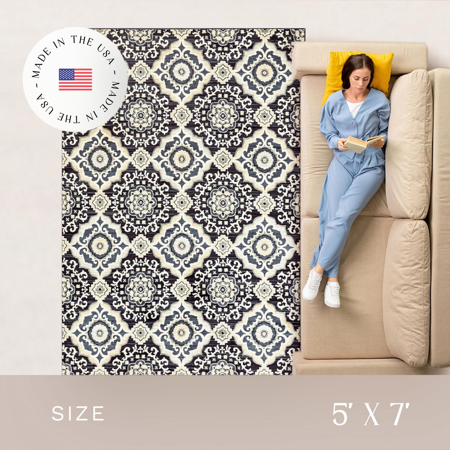 Maples Rugs Camilla Medallion Area Rug - Made in USA - Low Pile, Non Slip Pet-Friendly Mat for Bedroom, Office, Living & Dining Room, 5' x 7', Cream/Navy