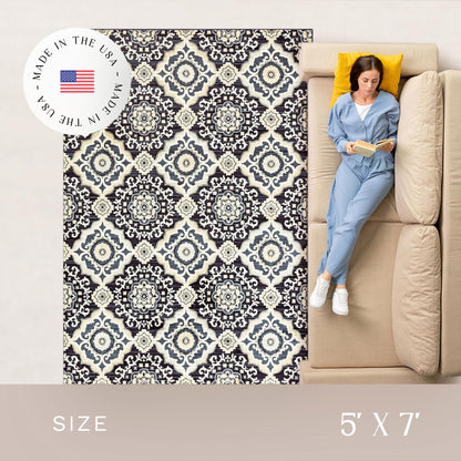 Maples Rugs Camilla Medallion Area Rug - Made in USA - Low Pile, Non Slip Pet-Friendly Mat for Bedroom, Office, Living & Dining Room, 5' x 7', Cream/Navy