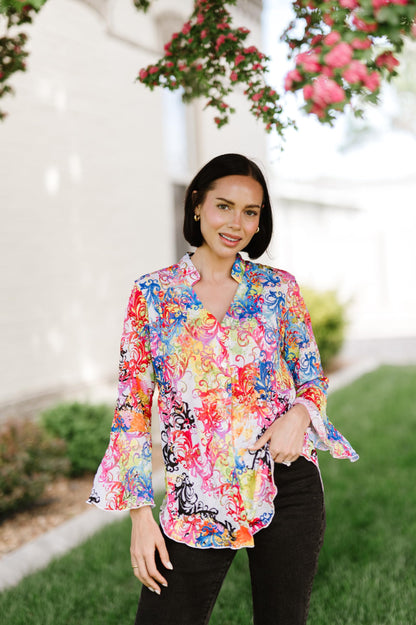 SNO SKINS Spring/Summer Collection Designer Print Crinkle Sweetheart Top with Stand Collar (Antiquity)