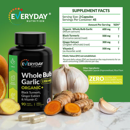 4-in-1 Garlic Supplement with Organic Whole Bulb Garlic, Black Turmeric, Ginger Extract & Vitamin C – Immune Support & Antioxidant Supplement – High Potency Vegan Formula – Made in USA – 90 Capsules