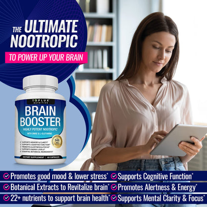 Toplux Brain Supplement Nootropic – Brain Pills Vitamin with DMAE, Bacopa Monnieri, L-Gutamine, for Men Women, 60 Capsules, Nutrition