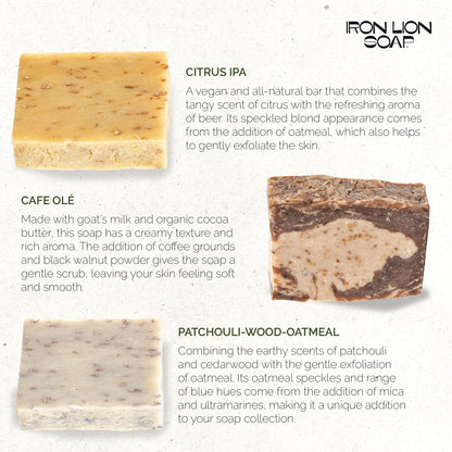 ILS Soap co - What The? Mix (Fruit Farts/Cafe Olé/Citrus I.P.A./Roasted Oats and Honey/Patchouli-Wood-Oatmeal) All Natural Bar Soap for All Skin Types - Cold Process and Handmade in the USA (5 Pack)