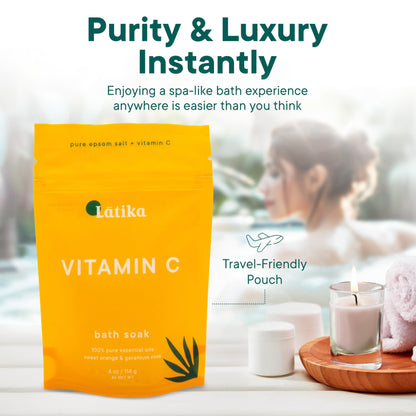 Latika Soaks Set of 3 - Vitamin C Bath Soaks with Sweet Orange and Geranium Rose - Moisturizing Epsom Salt Soaks for Stress Relief, Detox, and Antioxidant Skincare - at Home Spa Retreat