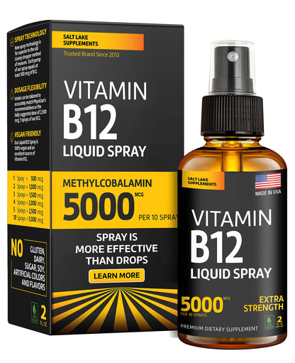 Vitamin B12 Sublingual Spray 5000 mcg – Vegan Methylcobalamin Liquid B12 Boost Energy, Mood & Brain Health - Gluten-Free, Non-GMO B12 Spray for Men & Women - Easy Dosage (5000 mcg in 10 Sprays)