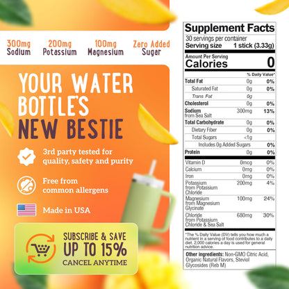 Mama Natural Electrolytes Powder Packets – Instant Hydration with natural Sea Salt, Potassium & Magnesium Glycinate – Sugar Free, Organic Mango Flavor – 30 Travel Sticks for Postpartum & Pregnancy
