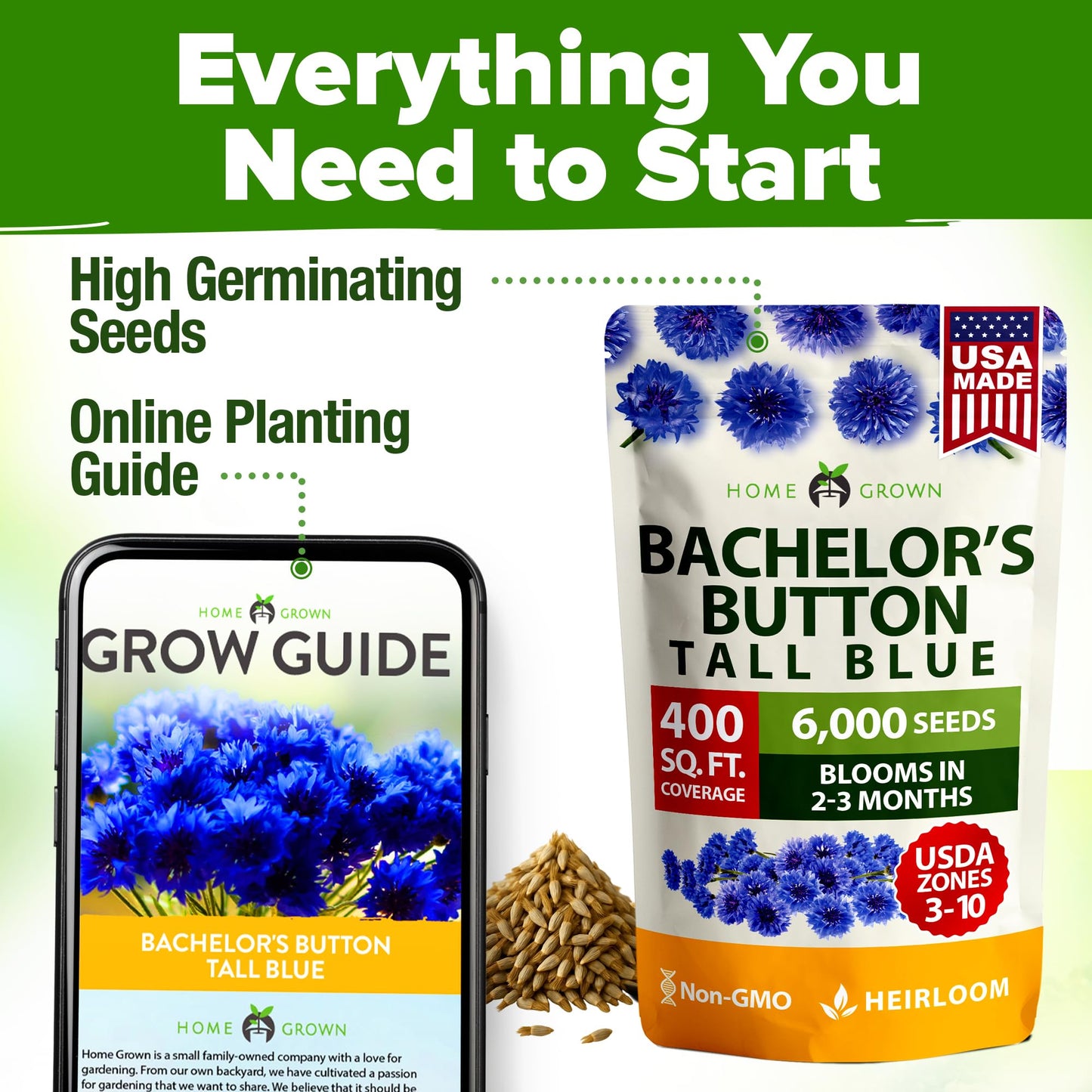 HOME GROWN Bachelor Button Seeds Tall Blue - 6000 Cornflower, Stunning Blue Blooms for Wildflower Gardens, Non-GMO Flowers & Pollinator-Friendly Spaces, Low Maintenance Flower Seeds (Centaurea cyanus)