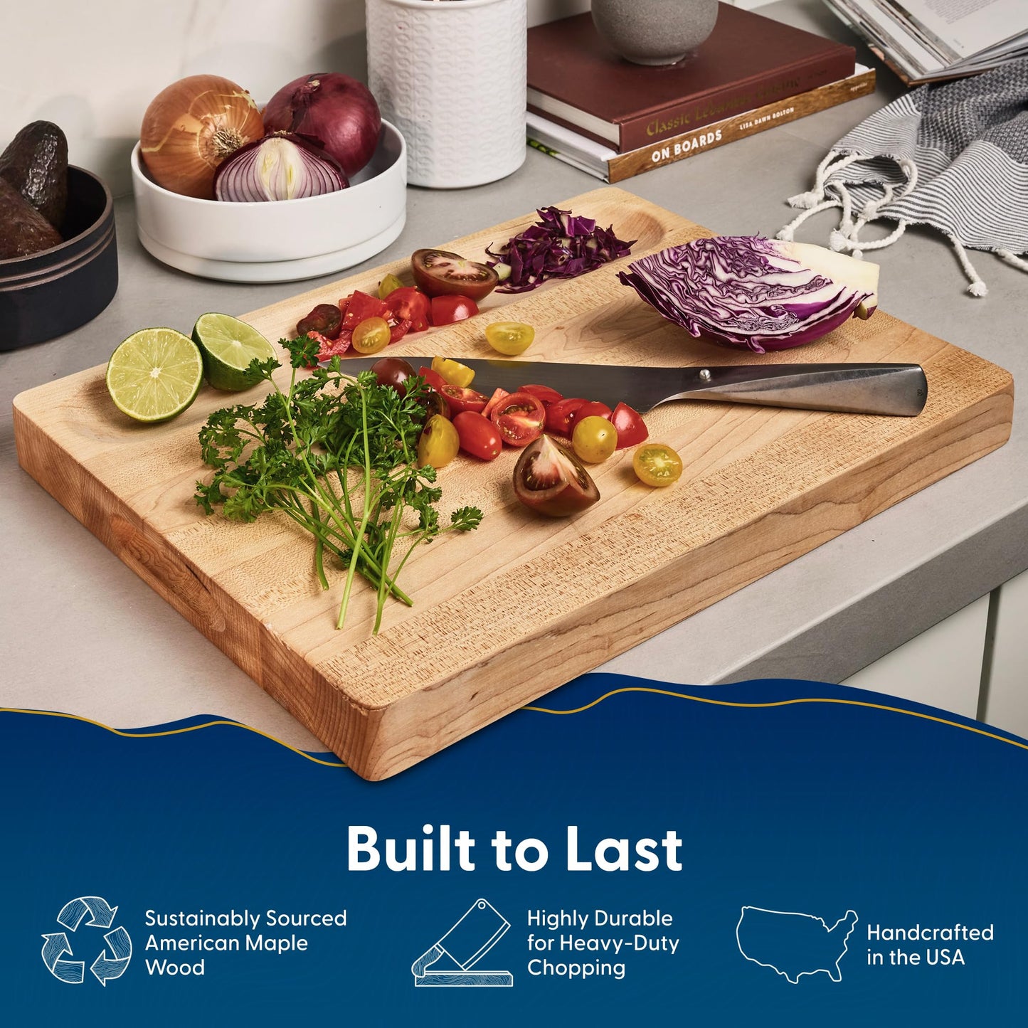 Sonder Los Angeles Winsome Maple Wood Cutting Board Made in USA | Maple Edge Grain Cutting Board for Kitchen with Juice Groove & Sorting Compartment | Gift Box Included | 17x13x1.5 in