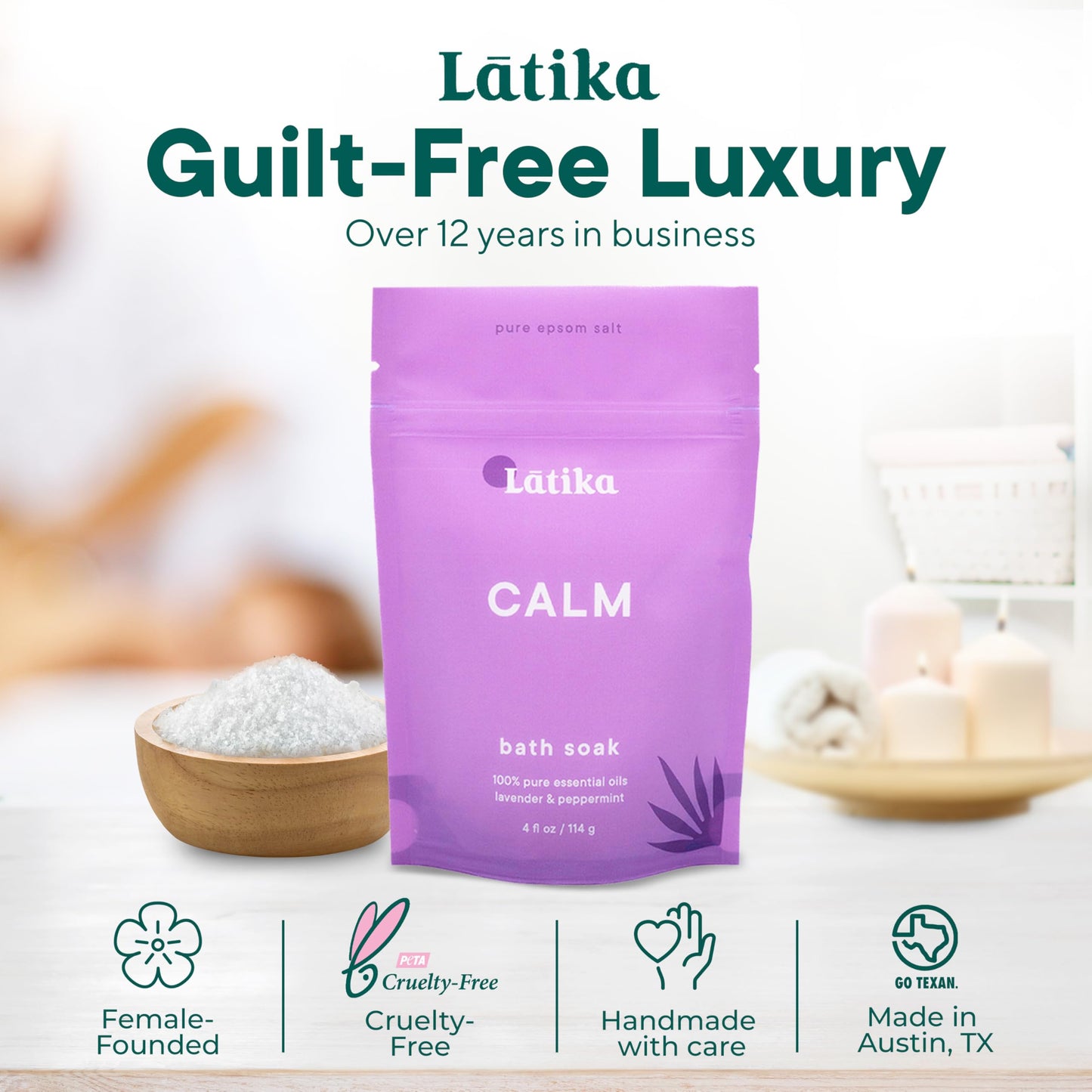 Latika Soaks Set of 3 - Calm Bath Soaks with Lavender & Peppermint, Moisturizing Epsom Salt Soak for Stress Relief, Relaxation, and Skin Nourishment, at-Home Spa Retreat Gift