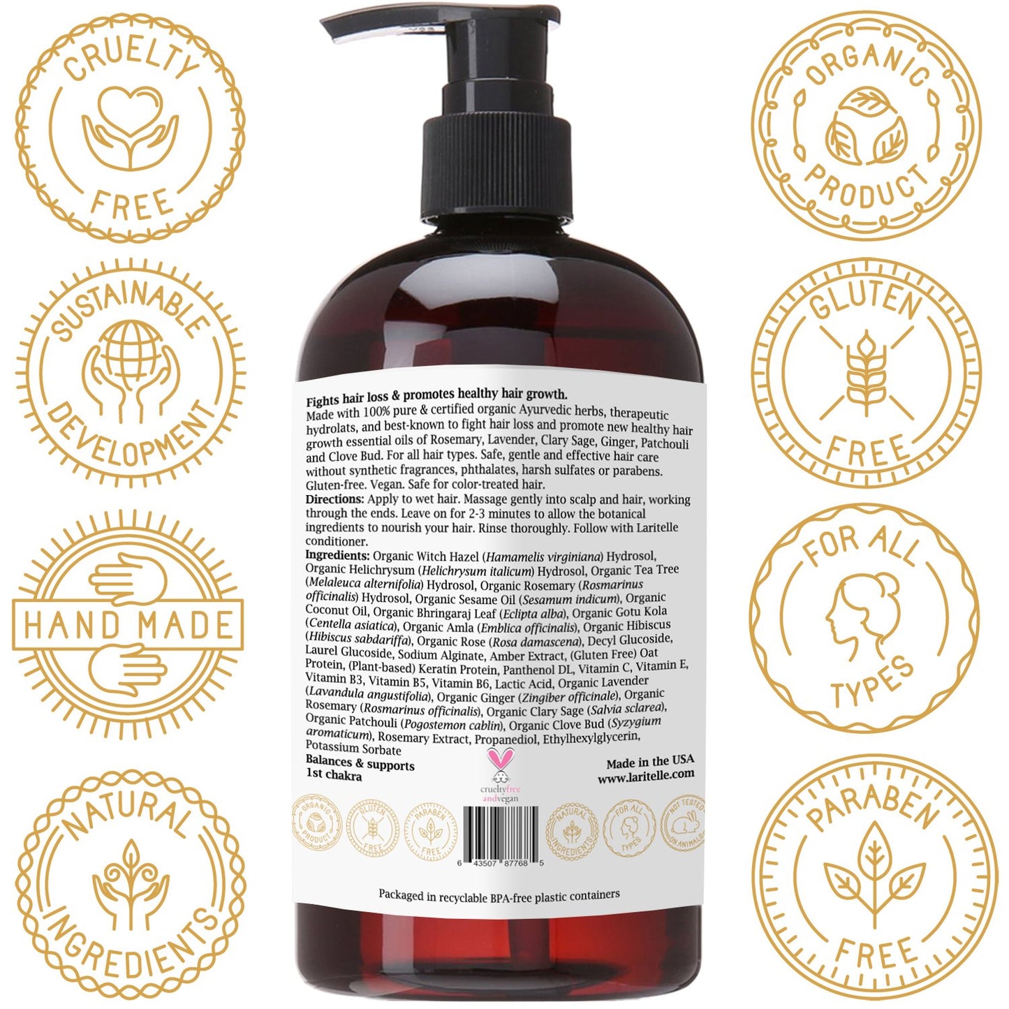 Laritelle Organic Shampoo 16 oz. Fortifying, Strengthening, Rejuvenating. Prevents Hair Shedding, Promotes New Hair Growth. Ayurvedic Herbs, Lavender, Ginger, Rosemary, Patchouli and Cloves. Vegan. GF