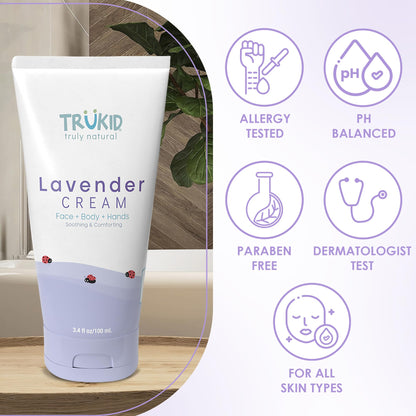 TruKid Lavender Cream - Sensitive Skin Baby Lotion for Newborns, Babies & Toddlers, All Natural Ingredient Skin Care for Kids Enriched with Shea Butter, Cocoa, Grape Seed Oil & Vitamin E, 3.4oz