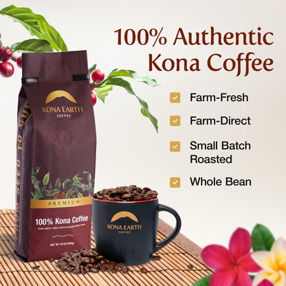 KONA EARTH - Premium, 100% Kona Coffee, Medium Roast, Farm-Fresh Whole Coffee Beans, Micro-Batch-Roasted, 1 lb., Pack of 1