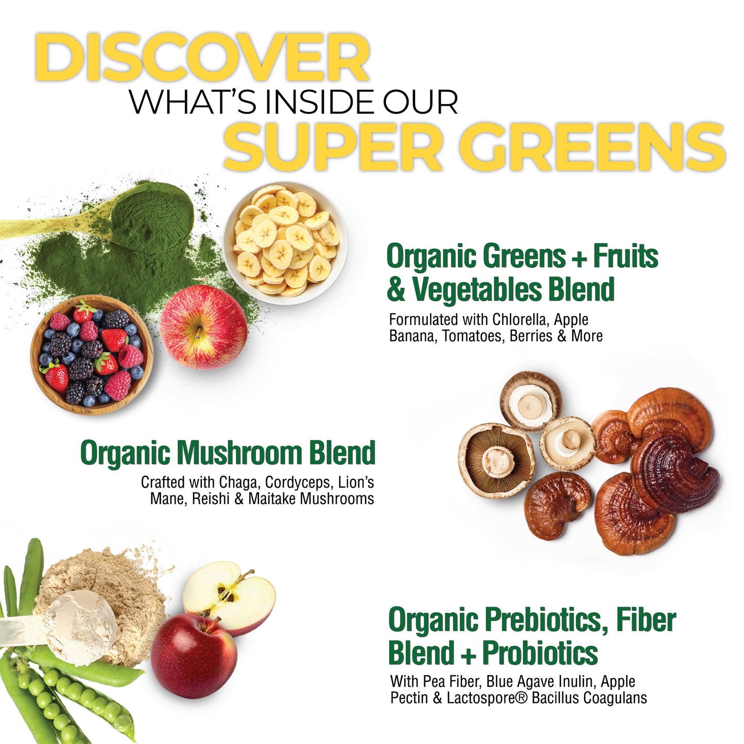 Country Farms Organic Super Greens Apple Banana Flavor, 50 Organic Super Foods, Packed with Fiber, USDA Organic Drink Mix, Fruits, Vegetables, Mushrooms & Probiotics, Supports Energy, 5g Fiber
