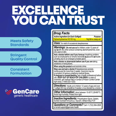 GenCare Maximum Strength Nighttime Sleep Aid Supplement for Adults Deep Sleep Pills with Diphenhydramine HCl 50mg to Fall Asleep Faster- Strong Non-Habit Forming PM Sleeping Relief [96 Softgels]