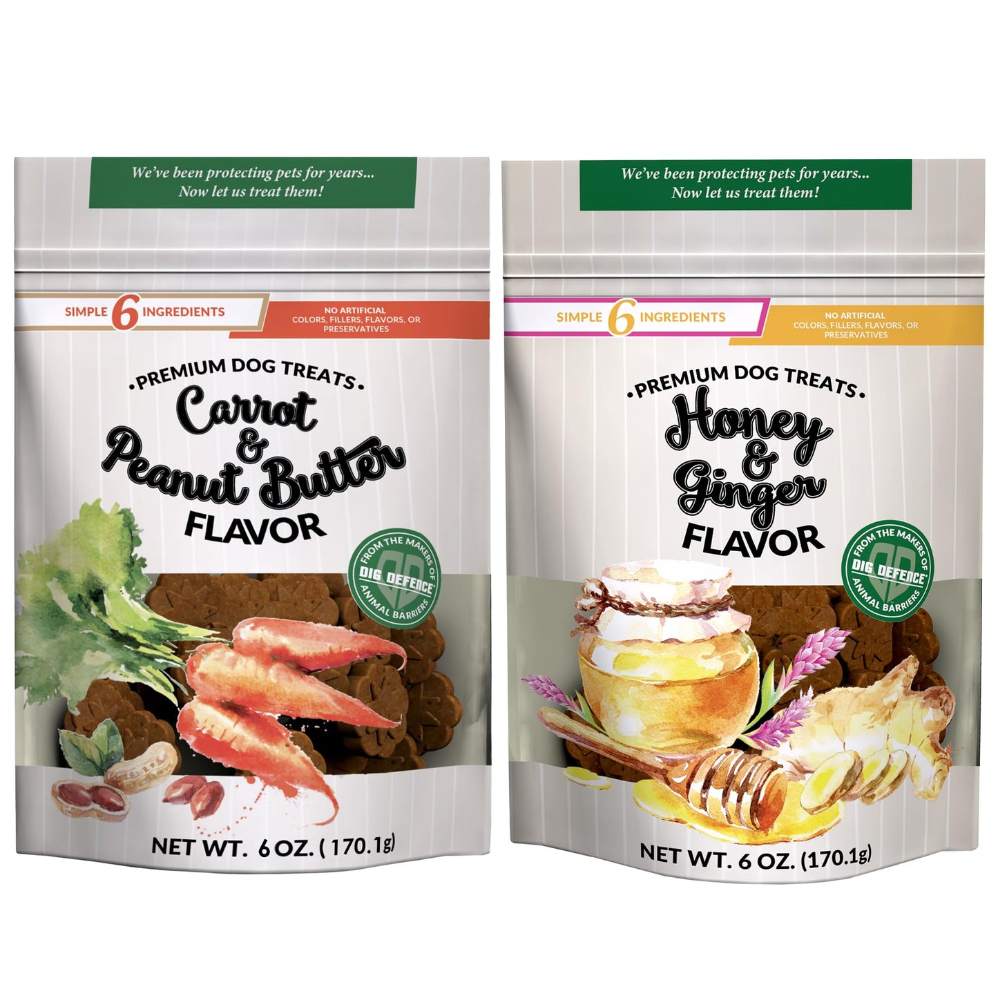 Dig Defence Premium Dog Treats - Honey/Ginger and Carrot/Peanut Butter, Natural Ingredients, Baked Gourmet Snacks for Small & Big Dogs, Healthy Training Treat, 2 Pack