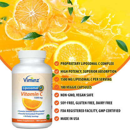 Viminz Liposomal Vitamin C | 1500 mg Per Serving | Collagen & Immune System Booster | Made in USA | 180 Capsules
