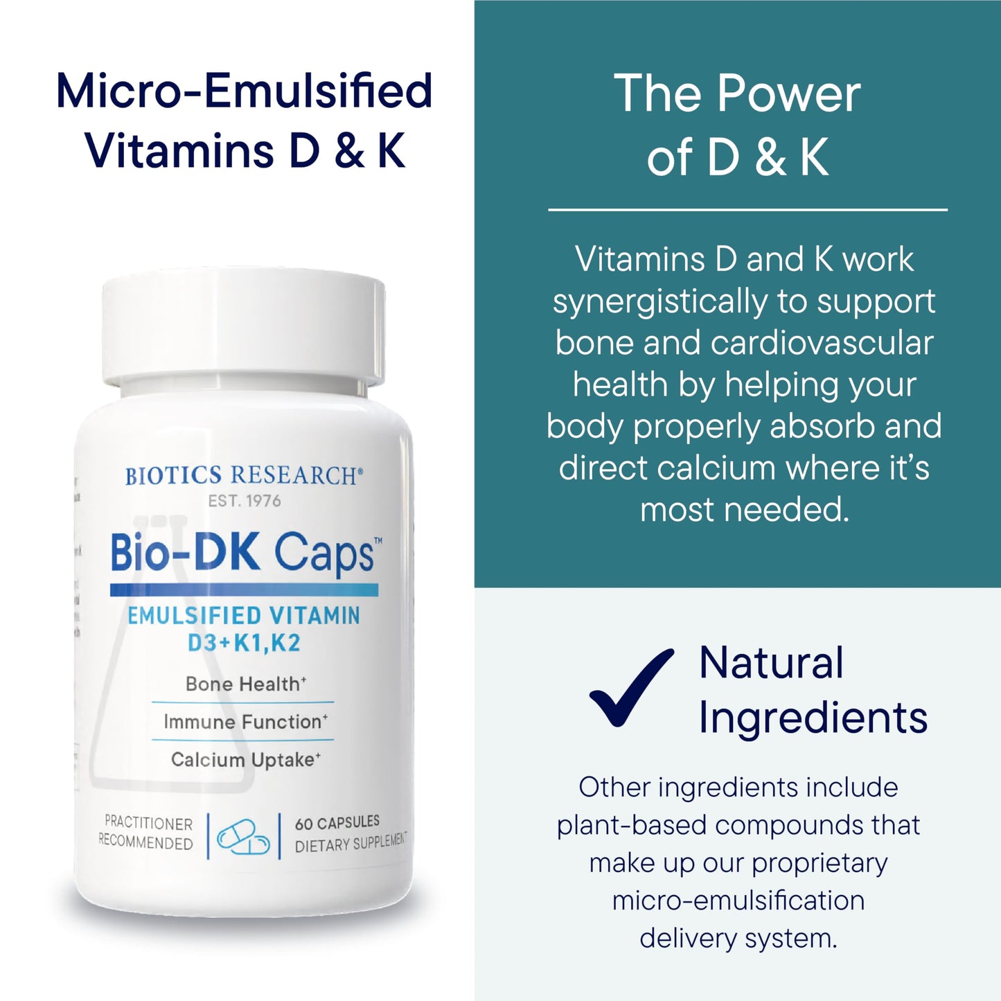 Biotics Research Bio-DK Caps™–Emulsified Vitamin D and K, Vitamin D3 125 mcg & Vitamin K (k1,k2) 550 mcg- MK7– Vitamin D3 K2 K1, Stronger Bones, Musculoskeletal Strength, Healthy Heart & BMI 60 Caps