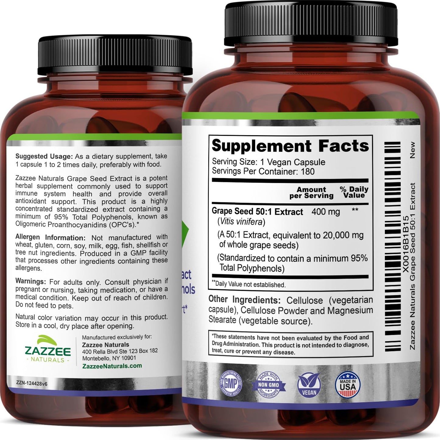 Zazzee High Strength Grape Seed 50:1 Extract, 180 Vegan Capsules, 95% Polyphenols, 400 mg per Capsule, 6 Month Supply, Standardized and Concentrated 50X Extract, Non-GMO, Made in The USA