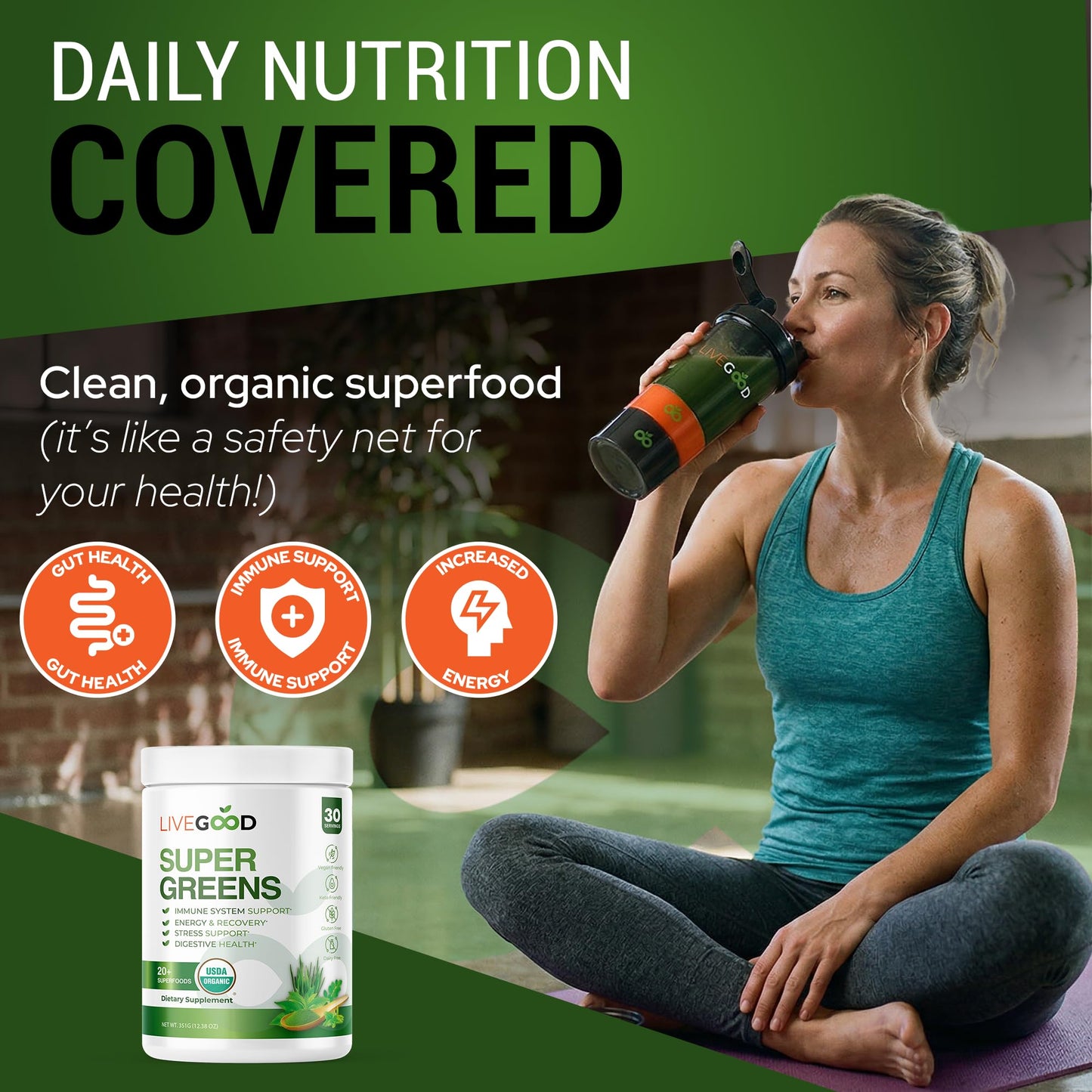 LIVEGOOD Daily Greens Powder Organic Blend for Digestion & Focus – Super Greens Supplement Powder for Immune Support – 30 Servings