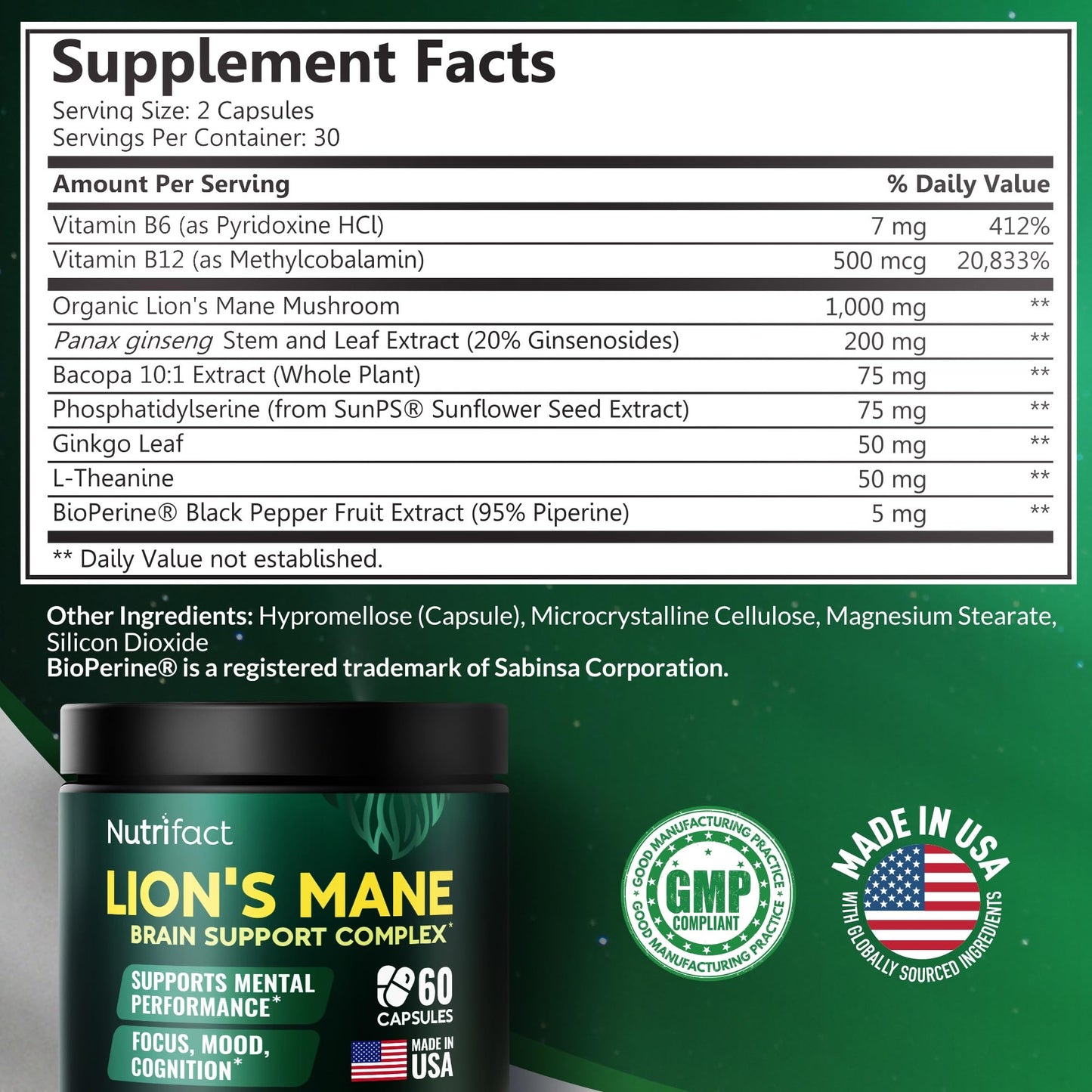 Lions Mane Supplement Capsules – 1000 mg per Serving, Complete Brain Support Complex with L Theanine, Ginkgo Leaf, Vitamin B6, B12 - Vegan, Non-GMO & Made in USA Lions Mane Mushroom - 60 Capsules