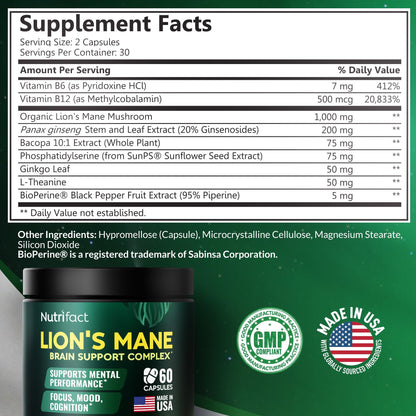 Lions Mane Supplement Capsules – 1000 mg per Serving, Complete Brain Support Complex with L Theanine, Ginkgo Leaf, Vitamin B6, B12 - Vegan, Non-GMO & Made in USA Lions Mane Mushroom - 60 Capsules